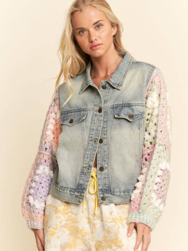 FUZZY FAUX FUR FLOWER PATCHWORK FRONT JACKET for wholesale by Davi & Dani