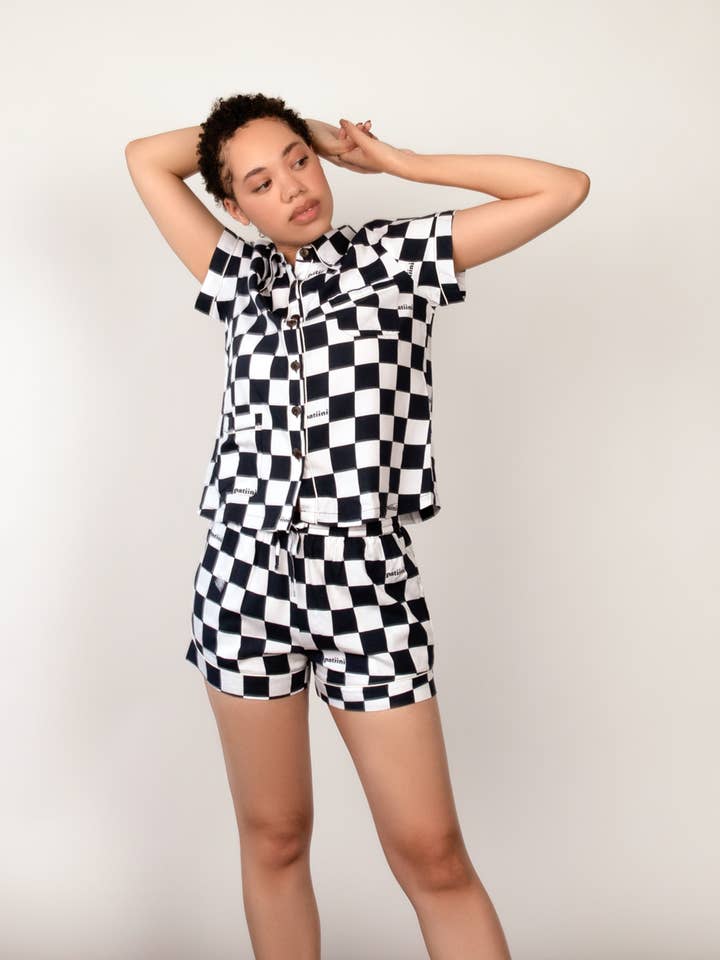 Kurzarm-Lounge-Sets aus Bambus-Rayon kariert für den Großhandel von Patiini