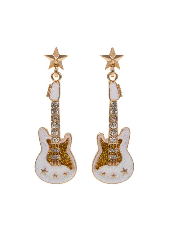 White Electric Guitar Earrings Music 80s Rock n Roll Retro  for wholesale by Pretty Attitude Clothing