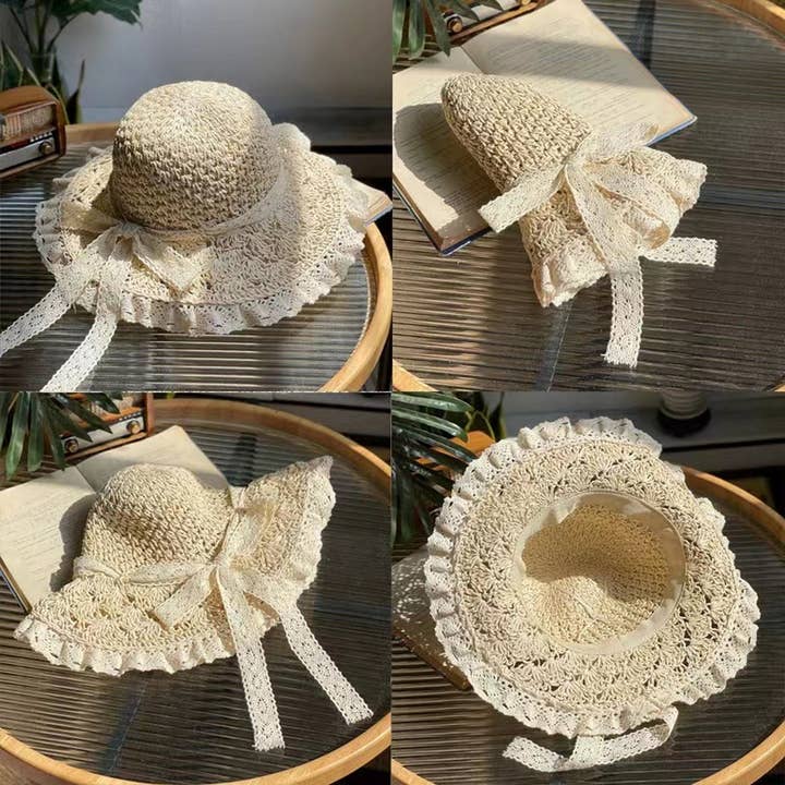 ACCITY - Wholesale Straw Hat - Women's - HAND-WOVEN BOW FOLDABLE LACE STRAW HAT_CWAH1174