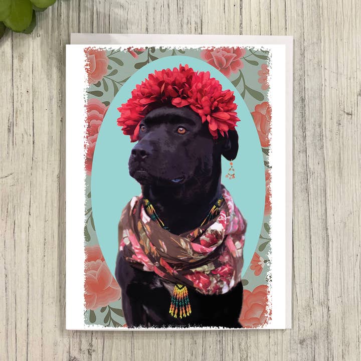 Biglietto di auguri Canine Kahlo per la vendita all'ingrosso da parte di Great Odin's Hellos