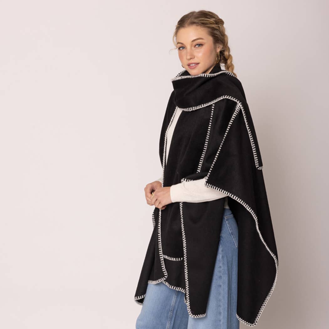 Fashion City - Wholesale Poncho - Women's - Stitched Edge Scarf Ruana Wrap Poncho15