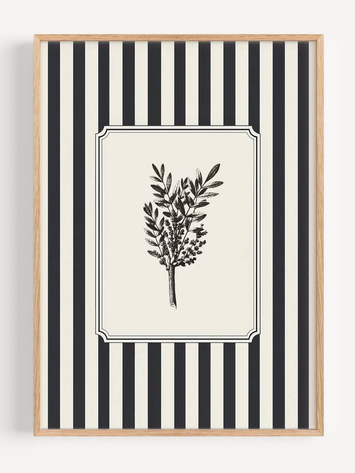 Black & White Stripe Botanical Wall Art Print | Vintage Flower Illustration I183-6 for wholesale by Peardrop Prints