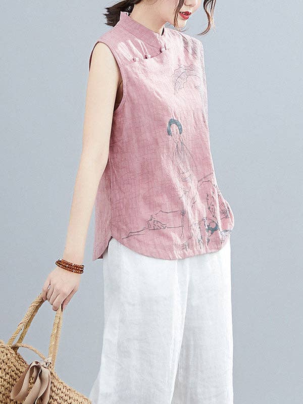 Sheer Trend - Vente Chemisier – femme - T-shirt sans manches à col montant boutonné imprimé de style chinois artistique rétro14