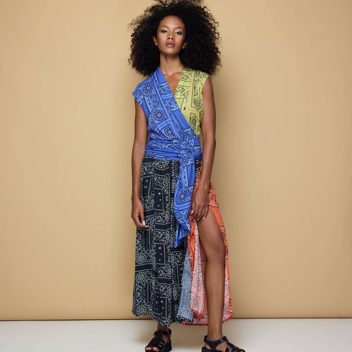 State of Georgia - Wholesale Dress - Women's - THE POINT DRESS MAXI - PATCHWORK BANDANA BLUE/LIME/BLACK/ORG