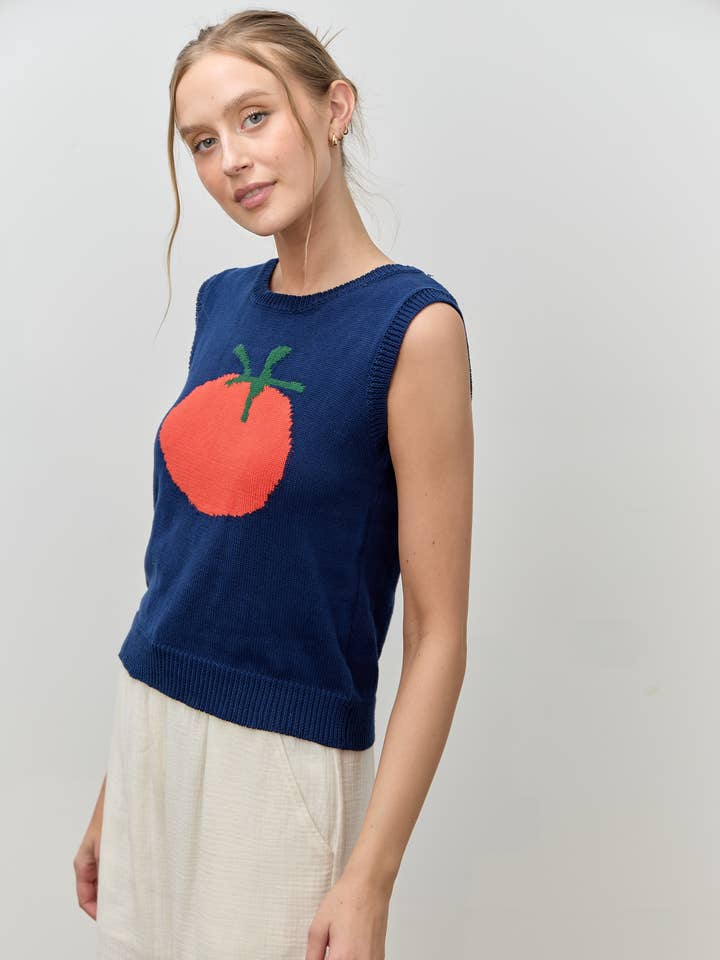 NAVY TOMATO PRINT SWEATER TOP for wholesale on Faire