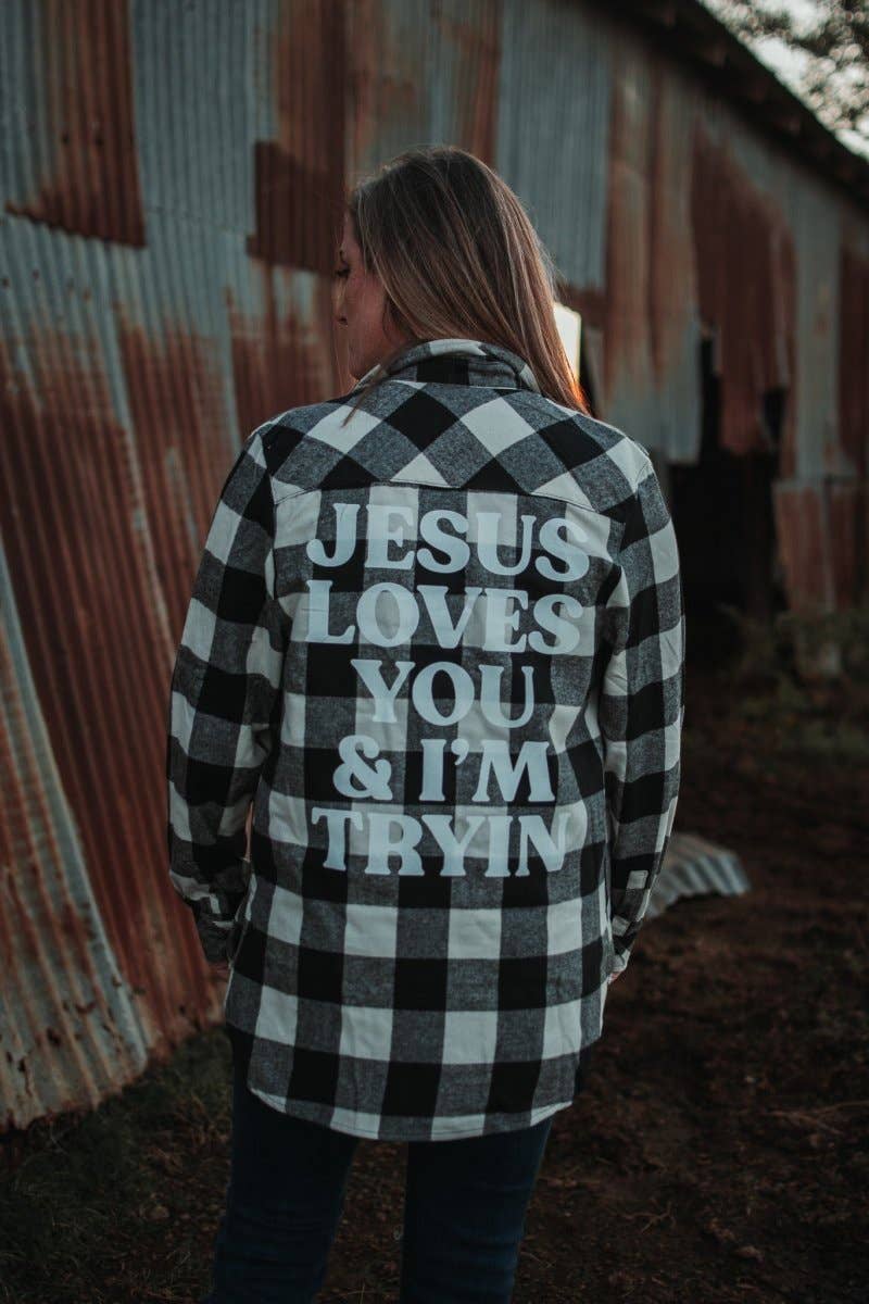 Ruby’s Rubbish - Wholesale Button Down Shirt - Women's - Jesus Loves You & I'm Tryin' | Flannel | Ruby's Rubbish©0