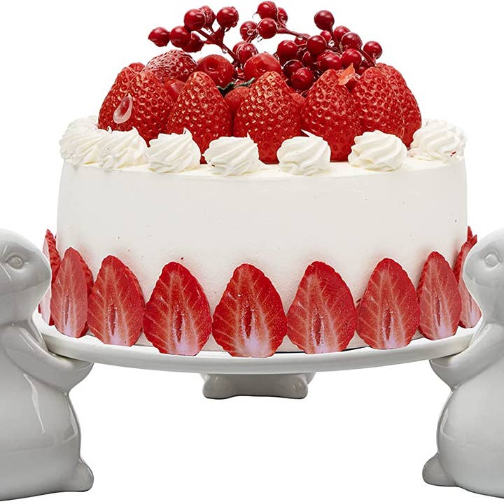 The Wine Savant / Khen Glassware - Wholesale Cake Stand - Bunny Cupcake & Cake Holder Pedestal Stand, Ceramic Dessert Plates for Snacks Cookies, Bunny Candy Dish Gift, 8 Inch White, Easter Christmas Holiday Birthday Party Decor Gifts for Home - by Gute