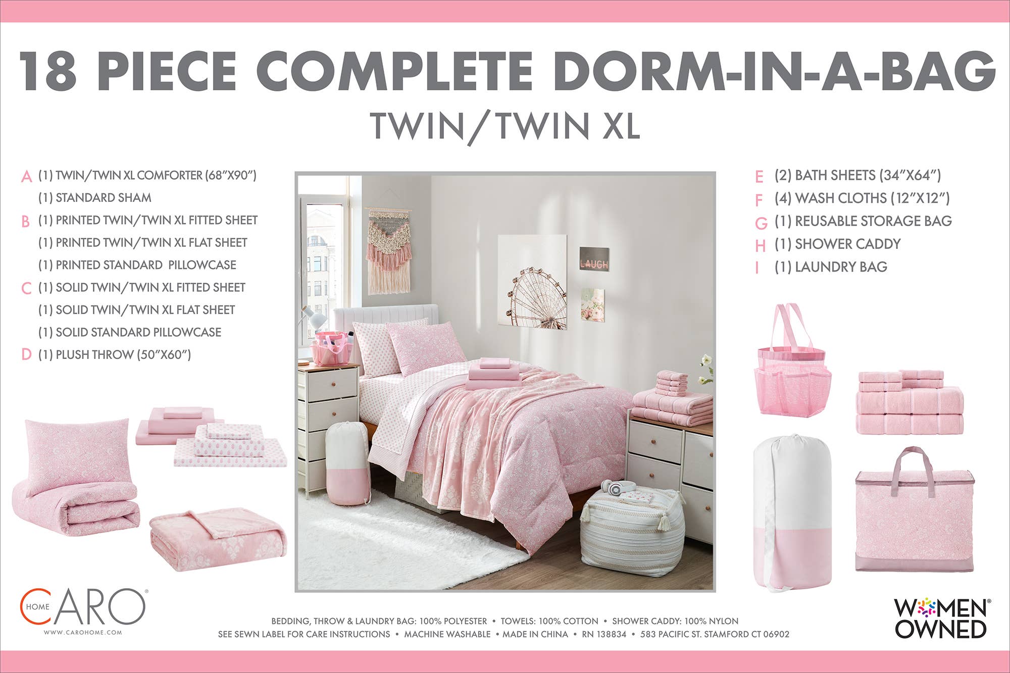 Caro Home - Wholesale Bedding Set - Senna Light Pink 18PC Twinxl Dorm Kit1