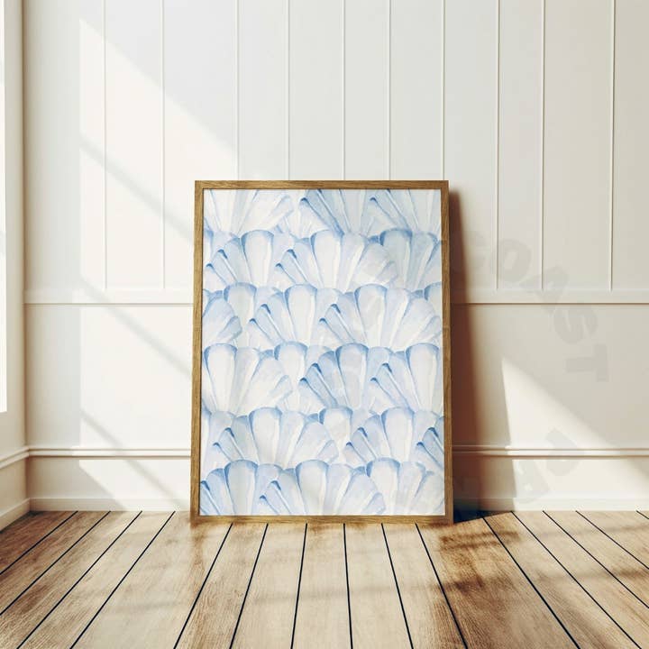 Pastel Blue Watercolor Seashells Wall Art Prints for wholesale by Honey Coast Print Co.