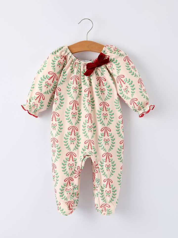 Christmas Wreath Print Baby Girls Romper Long Sleeve Holiday Outfit for wholesale by Rylee Faith Designs