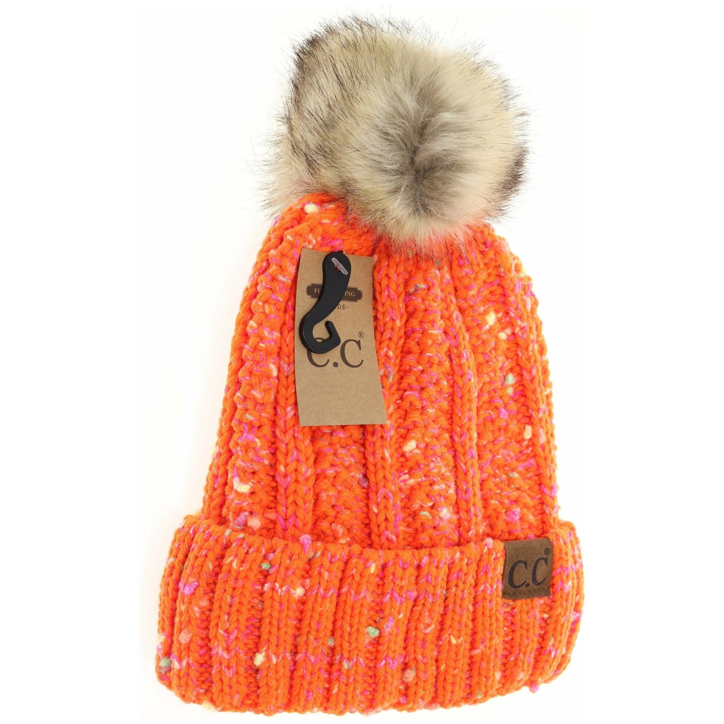 Neon Gul Fuzzy fodrad konfetti stickad päls Pom CC mössa YJ823 för wholesale på Faire3