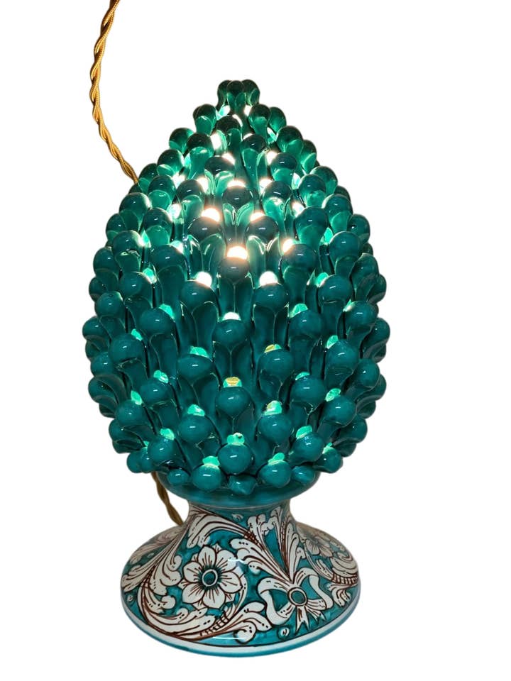 Caltagirone Ceramic Openwork Pine Cone Lamp cm H.30 L.20 Handcrafted Green Decorated Base for wholesale by DD Ceramiche Siciliane
