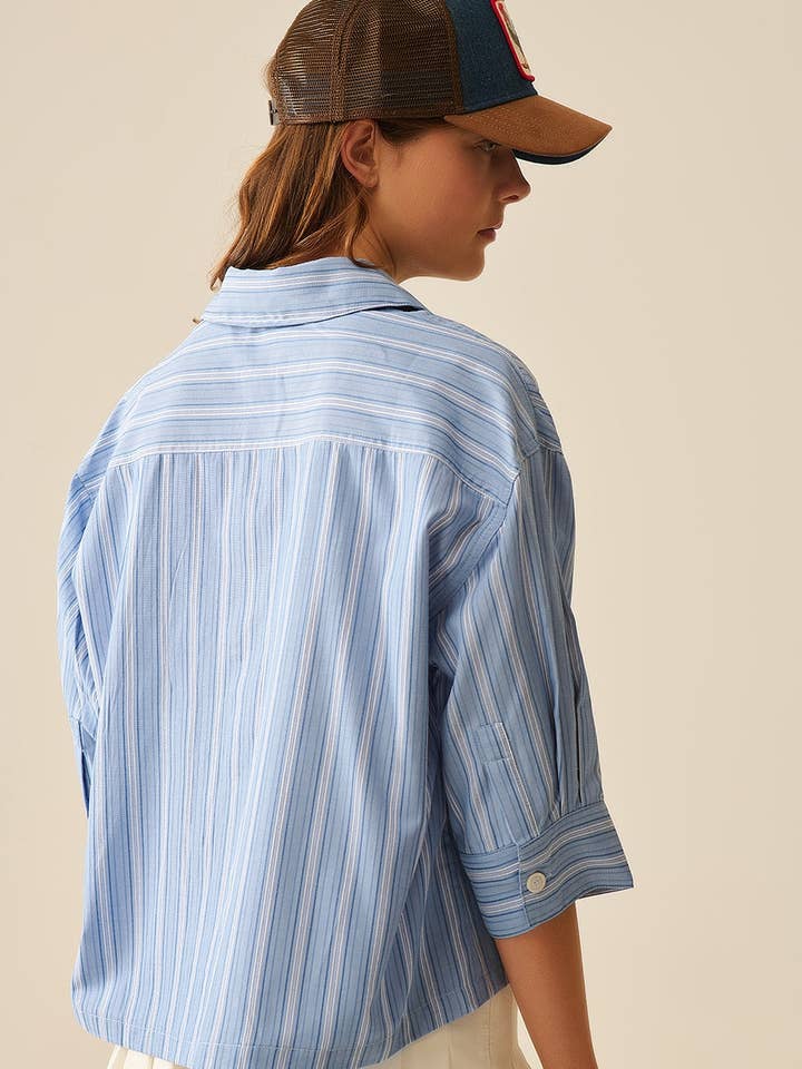 Relaxed fit Cropped Striped Shirt in Blue for wholesale on Faire