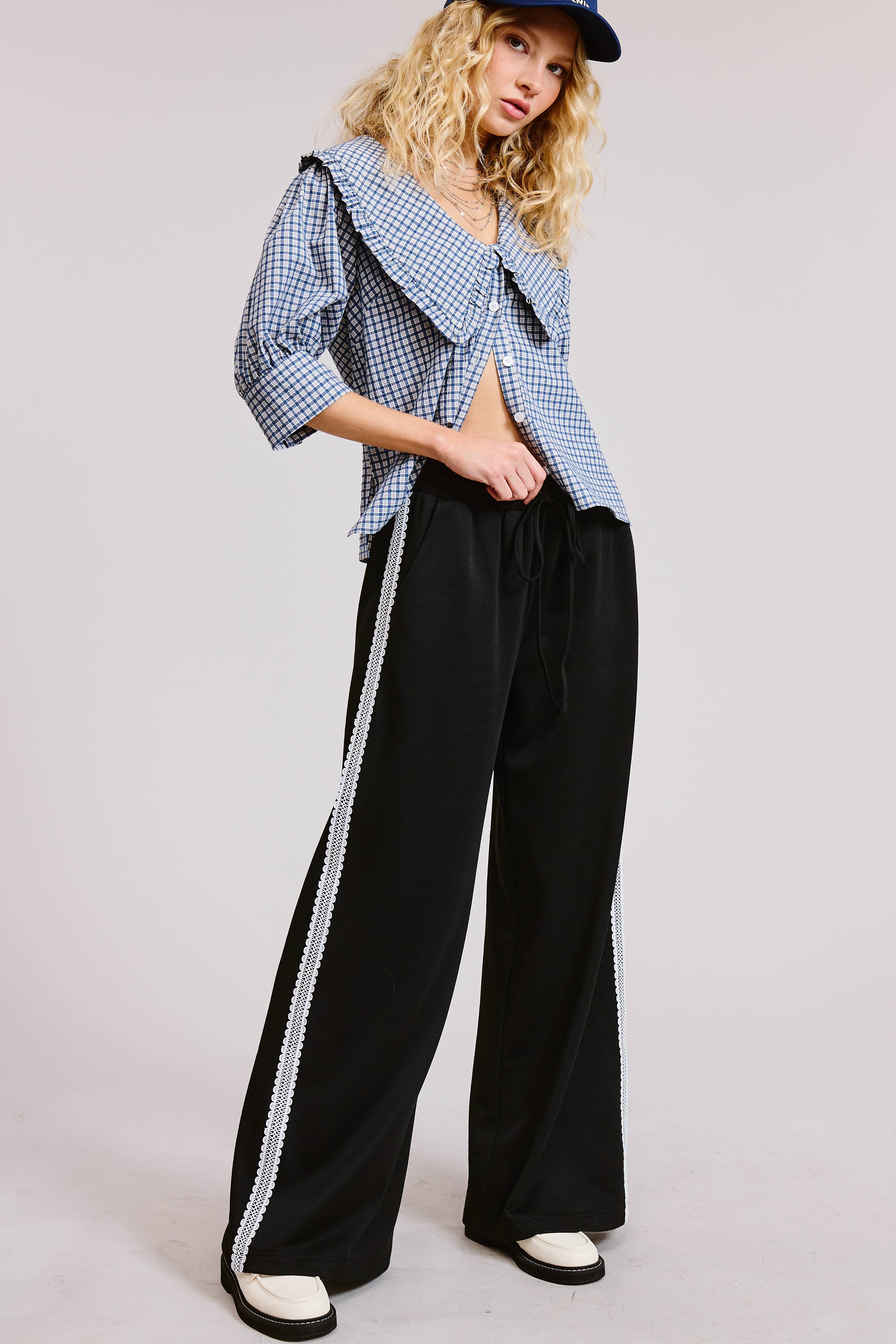 Black Lace Trim Wide Leg Track Pants with Drawstring Waist for wholesale on Faire10