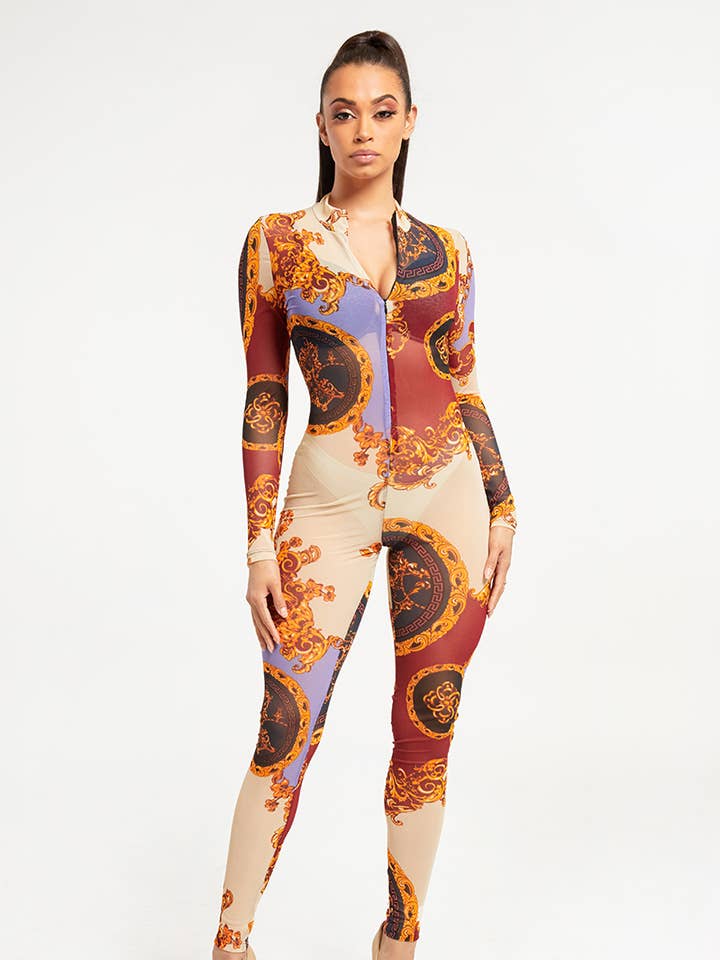 -Bodycon Print Front Zipper Mesh Jumpsuit DT1916P3 for wholesale by Jour