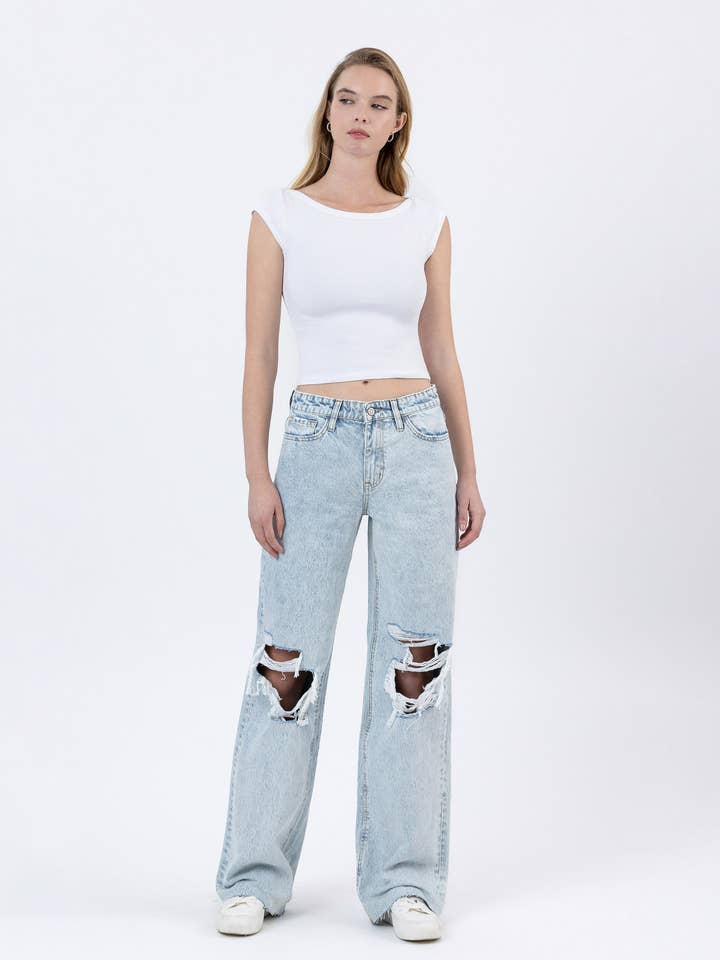 JEANS A VITA ALTA STRAPPATI LARGHI A GAMBA AMPIA BY4653L per la vendita all'ingrosso da parte di FLYING MONKEY