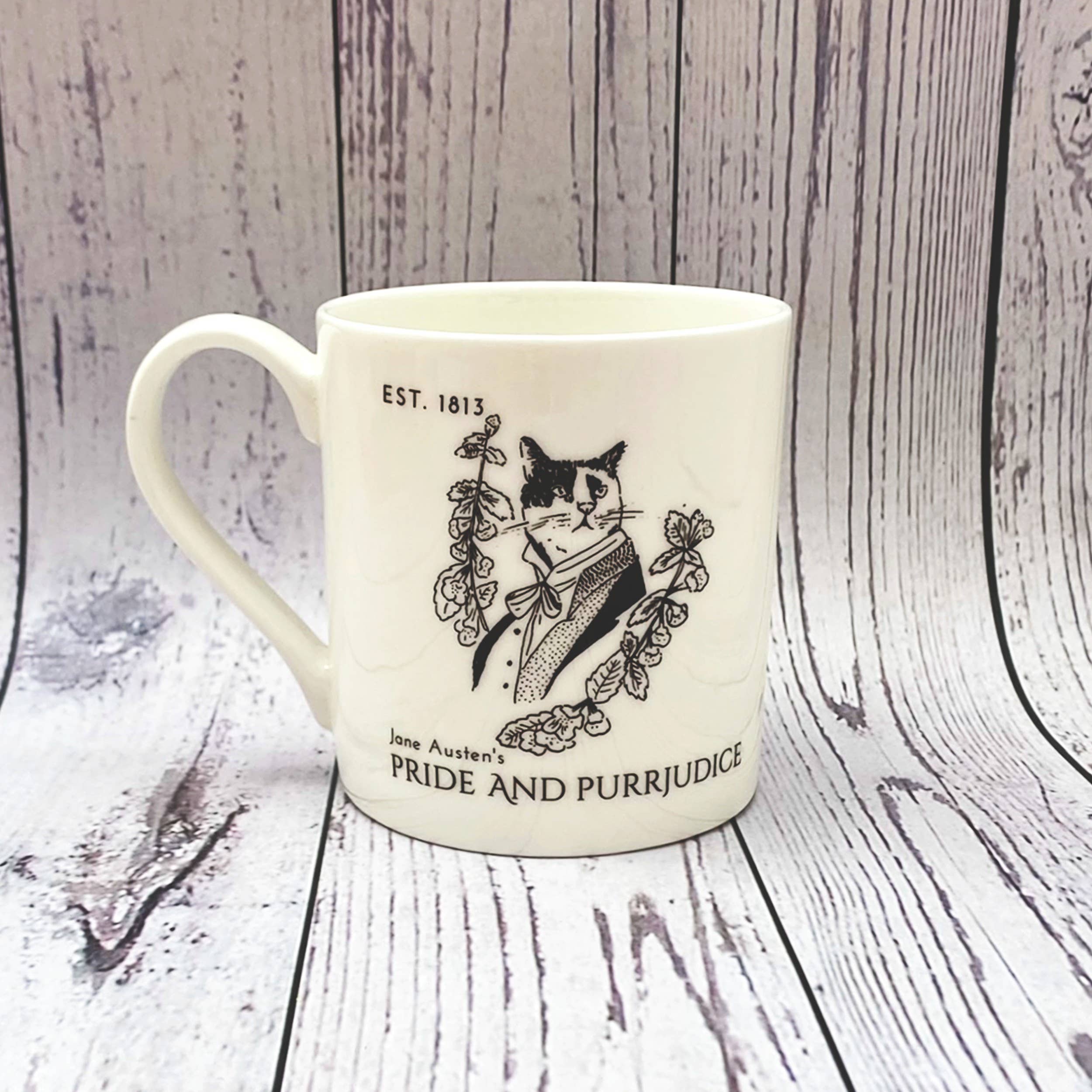 GiftSmith - Wholesale Coffee Mug - Jane Austen's Mr Darcy Literary Cat Bone China Mug