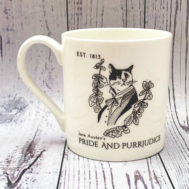 Jane Austen's Mr Darcy Literary Cat Bone China Mug for wholesale by GiftSmith