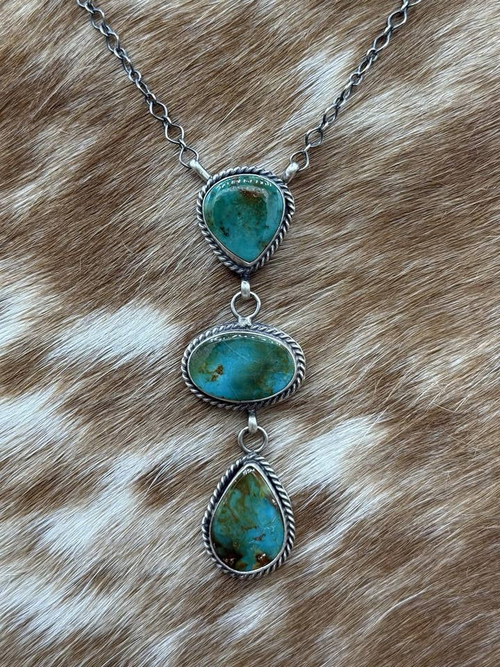 Indfødt Navajo Håndlavet Sterling Sølv Kingman Turkis Lariat Halskæde 18” for engroshandel hos Native City Jewelry