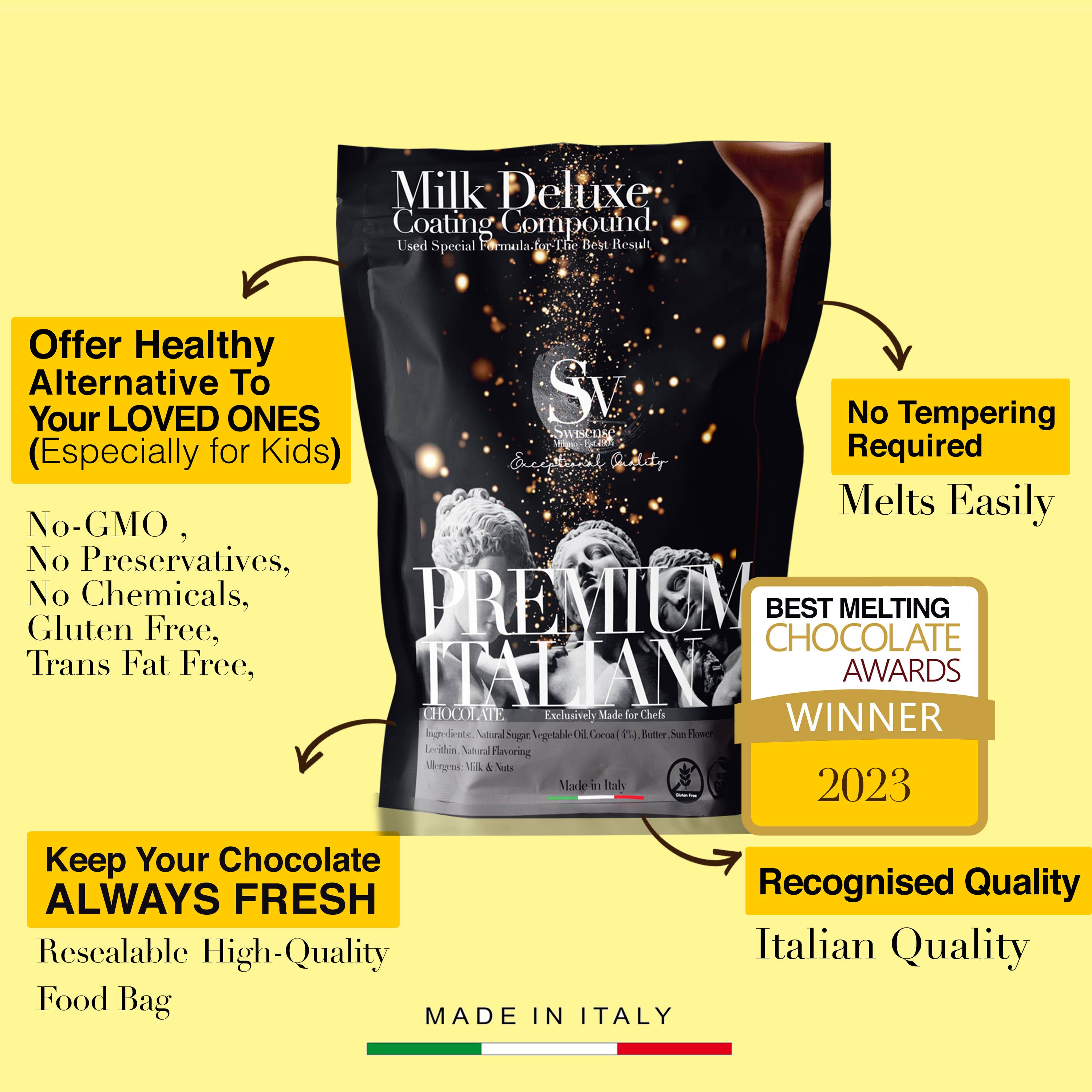 Swisense - Wholesale Chocolate Bar - Premium ITALIAN DELUXE MELTING CHOCOLATE ONLY 5 NATURAL INGR7