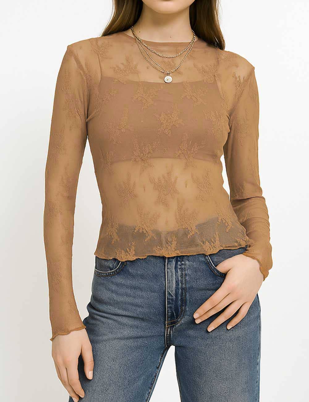 Sweetkama – Engroshandel Bluse - Dame – Sweetkama let transparent top med blomsterblonde og mesh, model SKT1518