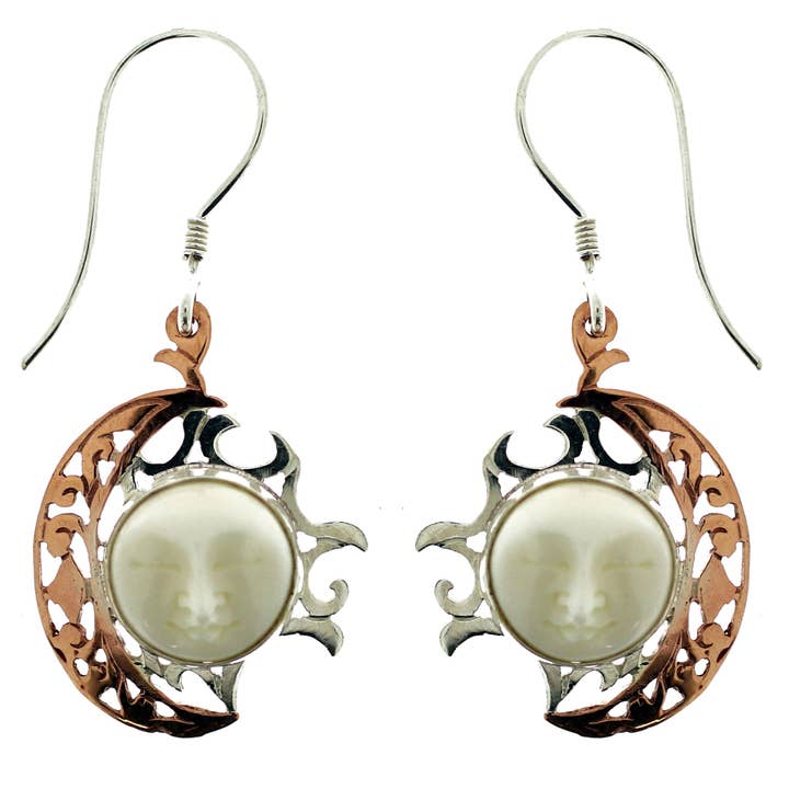 (207ZCOPBF) White Bone Carved Face Copper Earring for wholesale by Vera Wolf