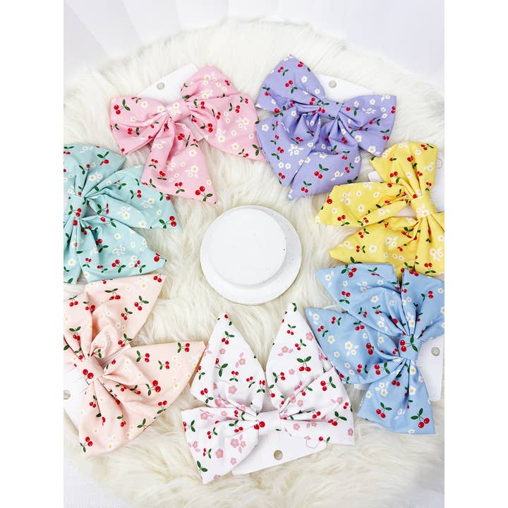 Mix Colors of Cherry Printed Bow Hair Clips for wholesale on Faire
