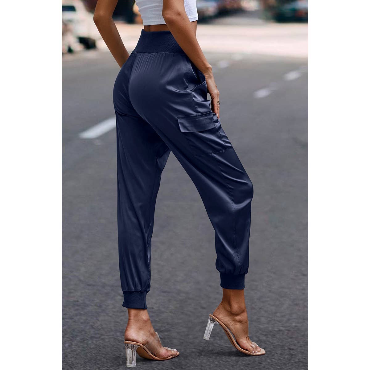 Supreme Fashion – wholesale Joggingbyxor - Dam – Högmidjade långa byxor med ficka satin joggerbyxor20