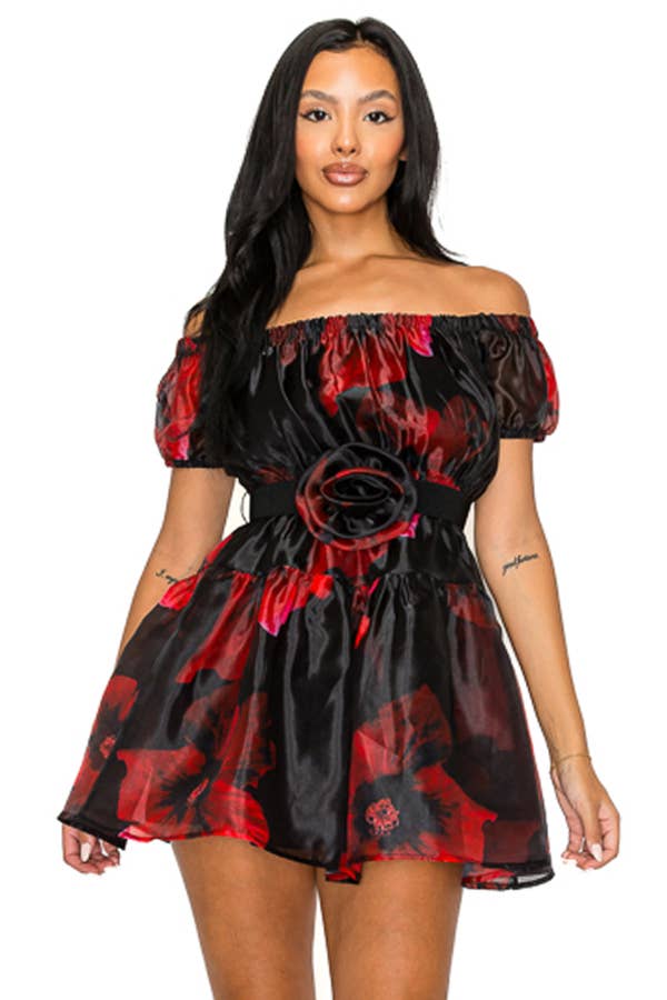 Miss Avenue - Vente Robe – femme - DM3812 ORGANZA FLORAL À ÉPAULES DÉNUDÉES AVEC ROBE CEINTURÉE1