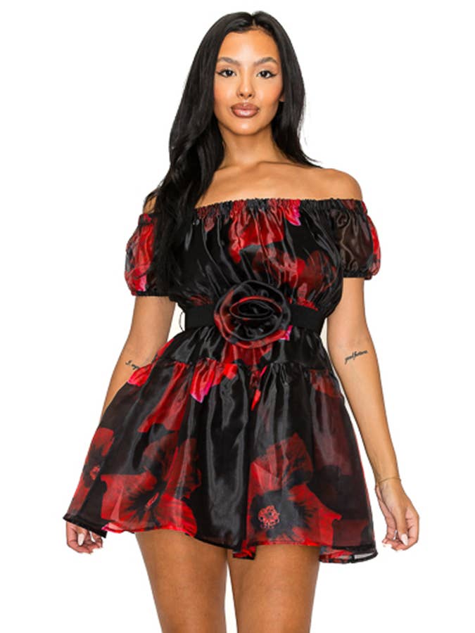 Miss Avenue - Vente Robe – femme - DM3812 ORGANZA FLORAL À ÉPAULES DÉNUDÉES AVEC ROBE CEINTURÉE1