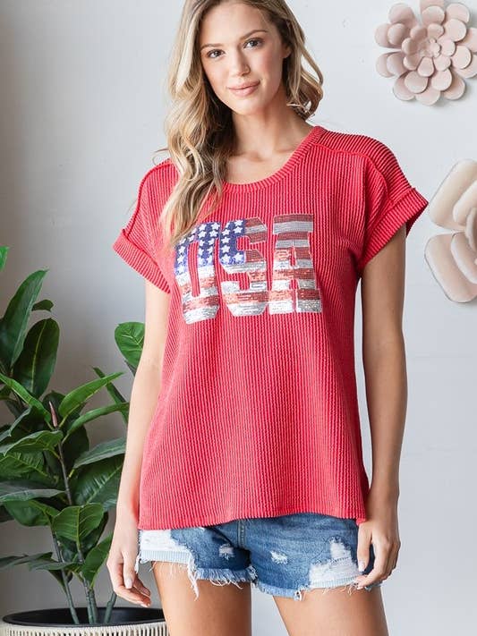 HEIMISH - Wholesale T-Shirt - Women's - ET7822-15 SOLID URBAN RIBB TOP WITH USA SEQUINS PATCH