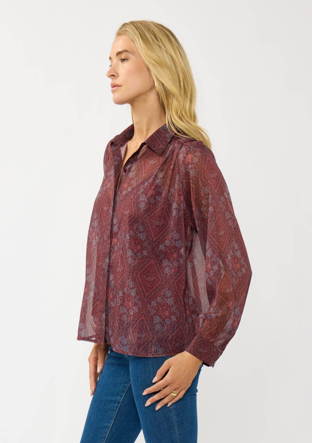 WINE ROSE Diamond Floral Sheer Blouse for wholesale on Faire1