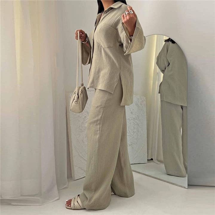 ShieldChic - Wholesale Top & Pant Set (NOT Loungewear) - Women's - Solid Color Long Sleeve Lapel Blouse And Wide Leg Pants Two Pieces Suit3