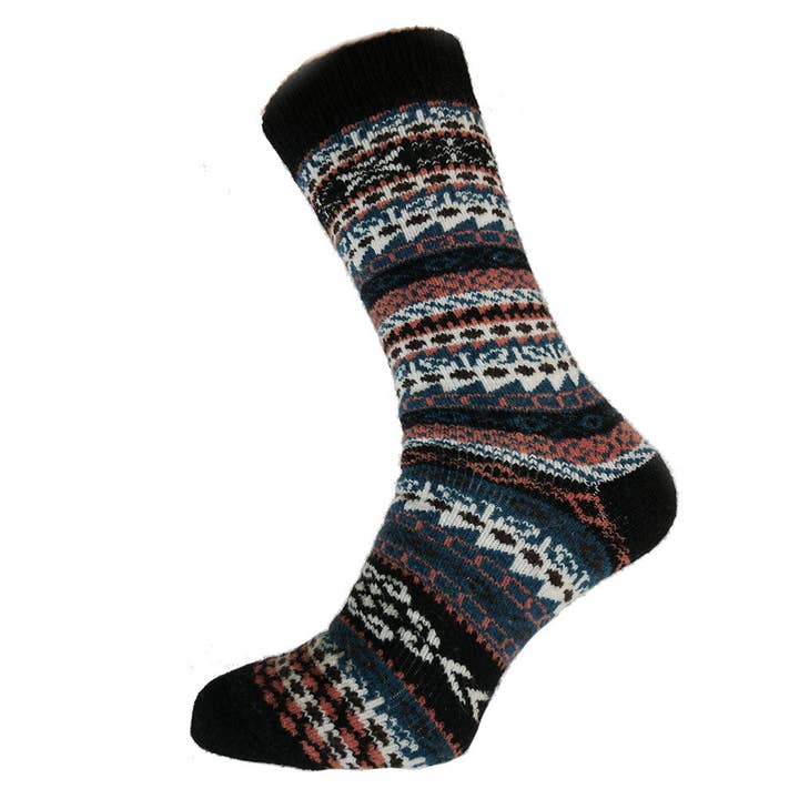 Chaussettes en mélange de laine à motif nordique noir, sarcelle et orange pour la vente par GEMJAR LTD
