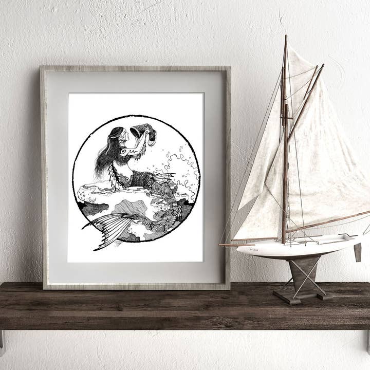 Doodle Sereia Curiosa - Impressão de Arte Fina por atacado de FJ Creations