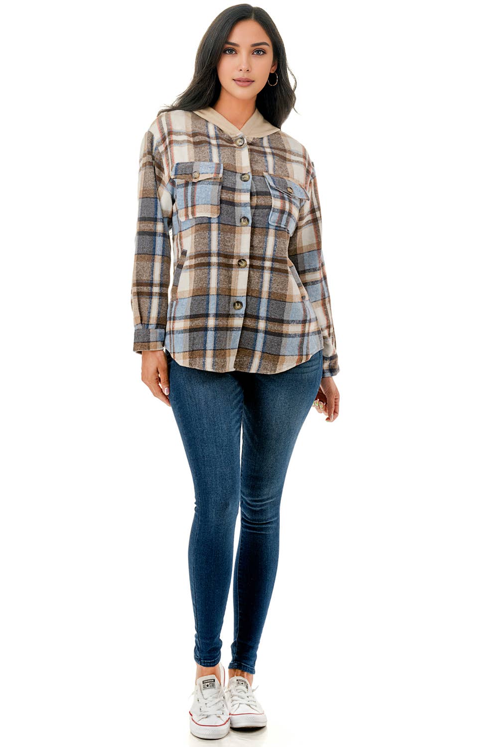 Color 5 - Vente Veste-chemise – femme - Veste en flanelle à carreaux bleu-blanc avec capuche et poches7