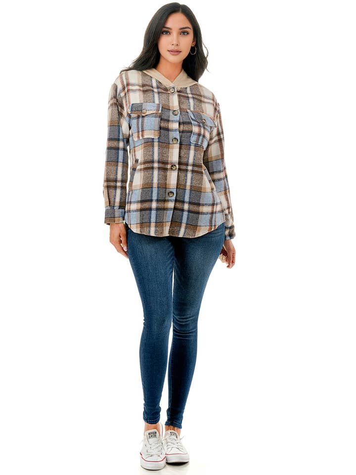 Color 5 - Vente Veste-chemise – femme - Veste en flanelle à carreaux bleu-blanc avec capuche et poches7