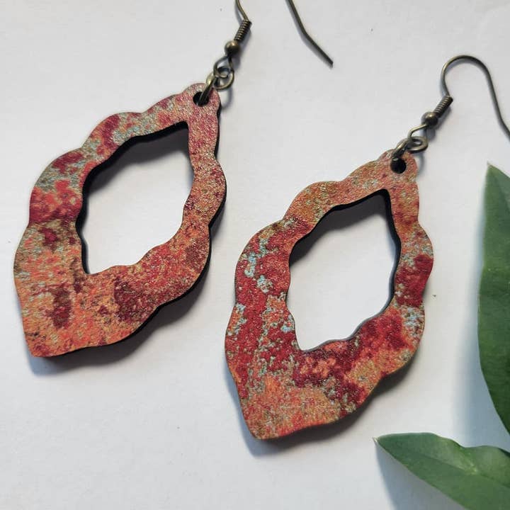 Red & Orange Rust Scalloped Wood Earrings for wholesale by Elskas Designs