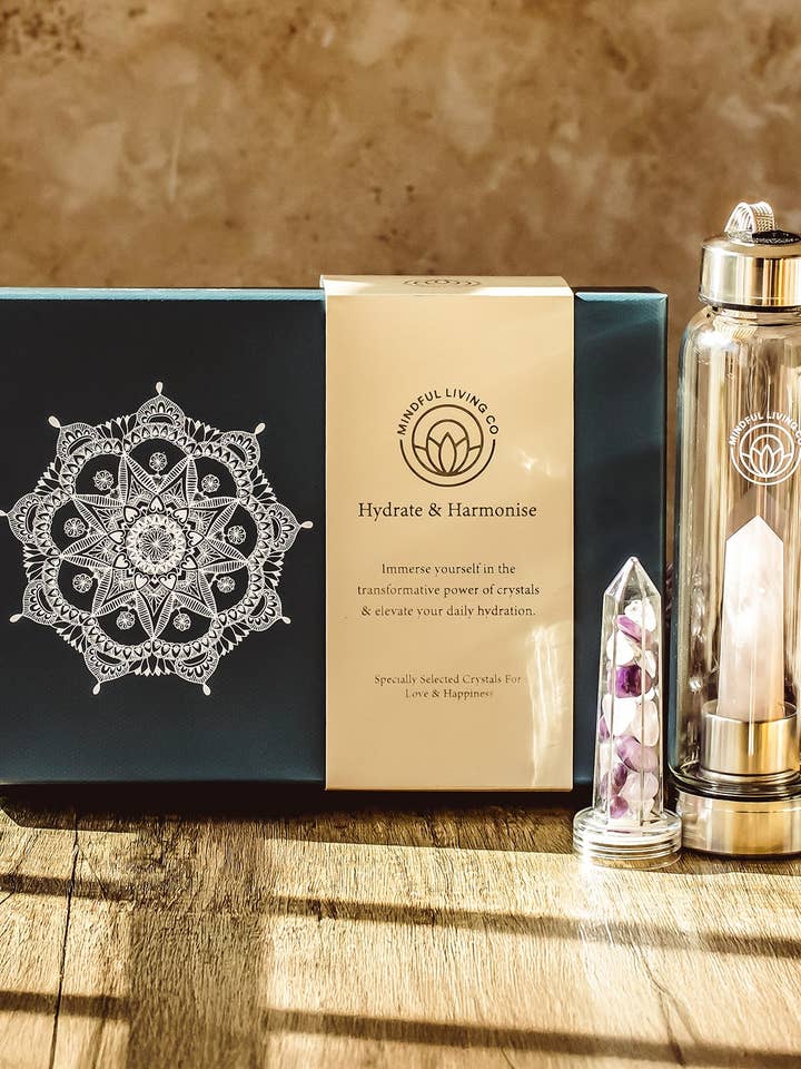 Crystal Water Bottle Gift Set For Love And Happiness for wholesale by Mindful Living Co.