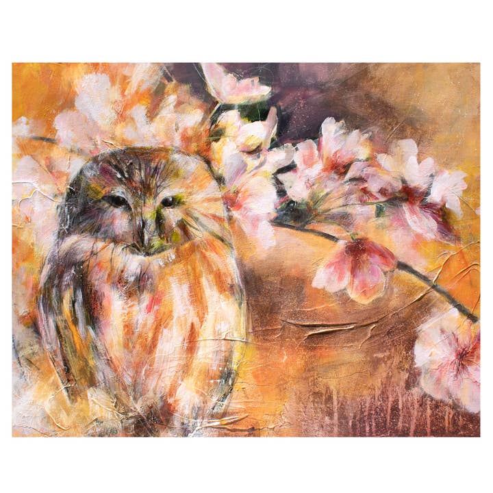 Botanische gele natuurkunstafdruk met uil voor wholesale door Jen Singh Creatively