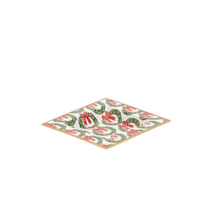 Red Green Holly Wreath Bow Enameled Tori Trinket Tray for wholesale on Faire3