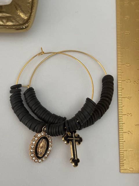 Miss DJ Angel – wholesale Hoop earrings – Ex-voto hoop earrings, asymmetrical ex-voto hoops, religious earrings, cross medal charm and Virgin medal charm5