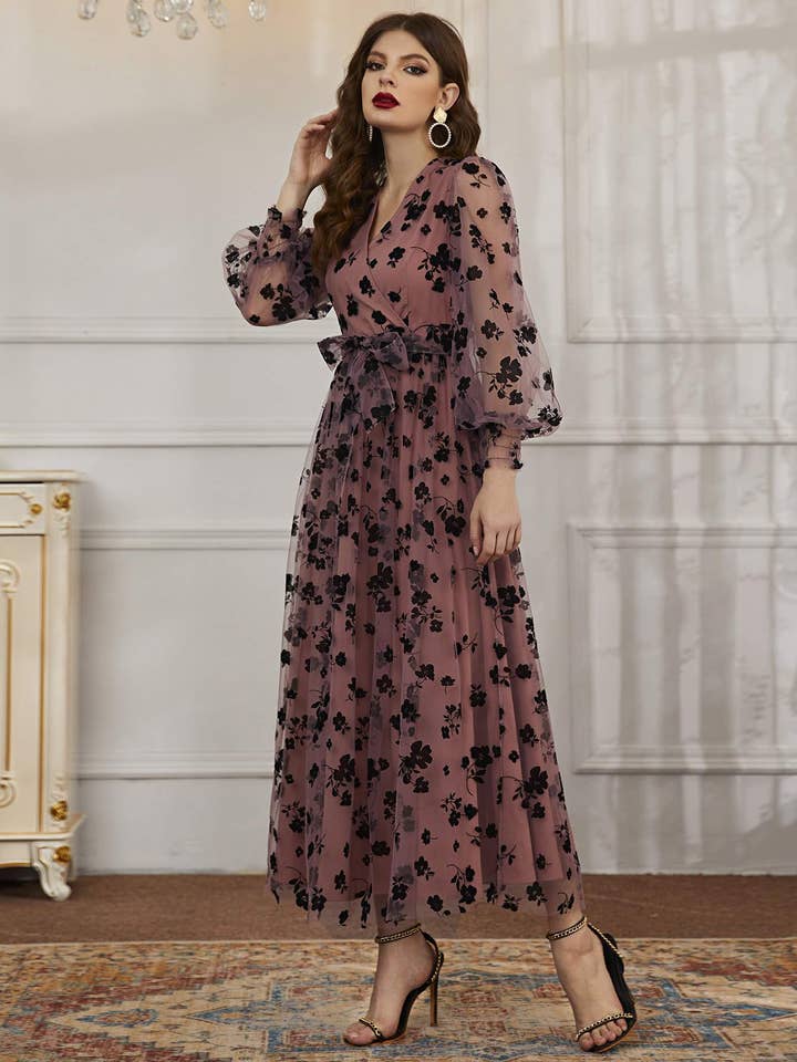 floral mesh belted surplice front dress for wholesale by Queen Fashion