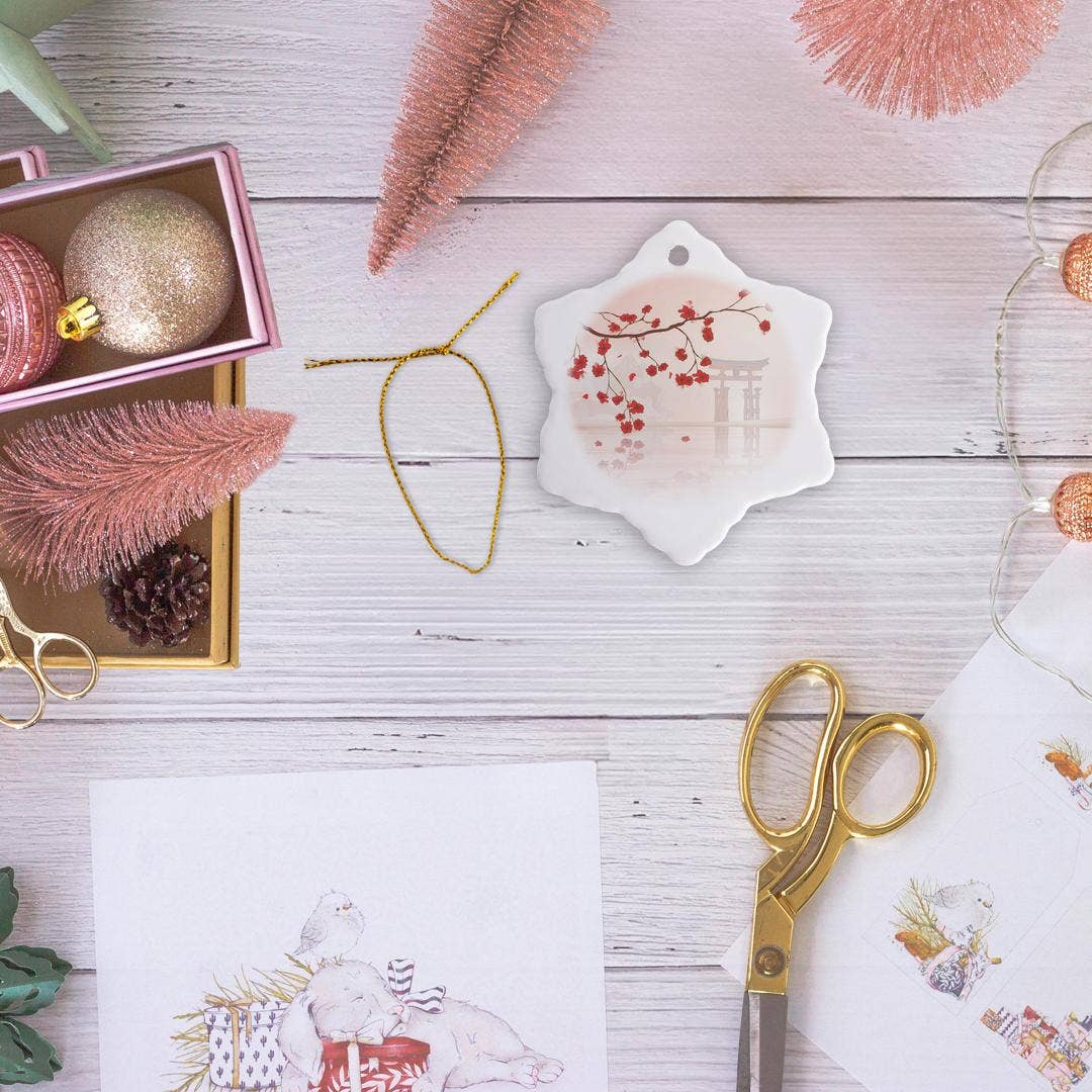 3dRose - Wholesale Ornament - 3dRose, Beautiful Japanese Sakura Red Cherry Blossoms Branching Reflecting Over Water, Ornament12