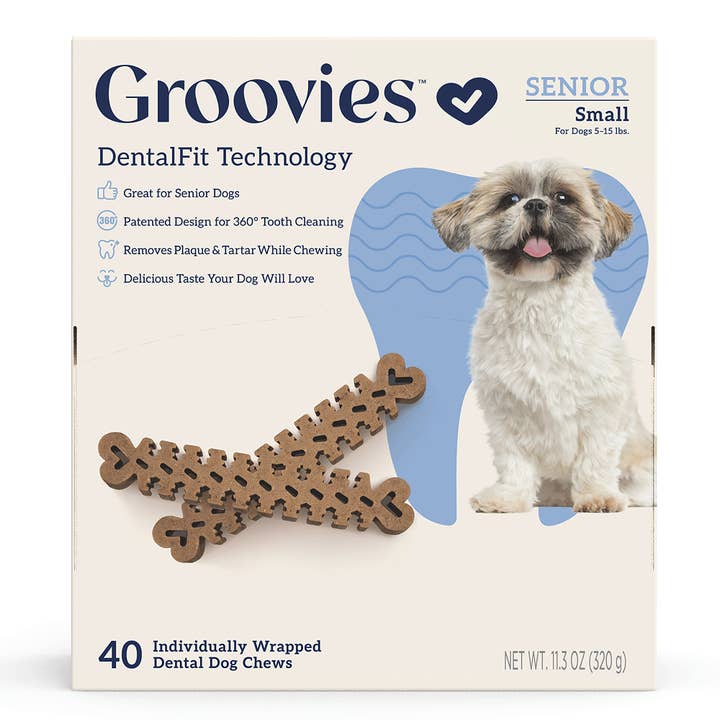 GROOVIES Senior Dog Dental Chews Gravity Box Small 40ct for wholesale by King Wholesale Pet Goods