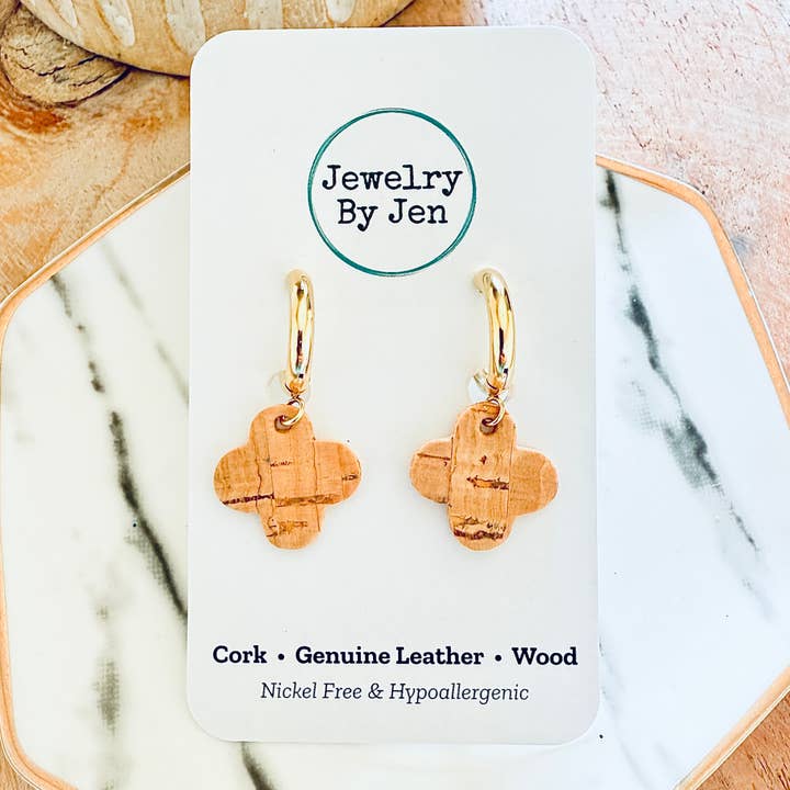Huggie Earrings: Cork Clover w/Gold Hoop for wholesale by Jewelry By Jen