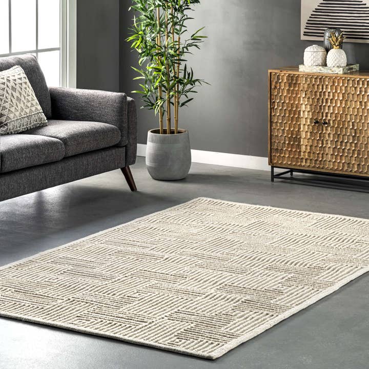 Ivory Mallory Hooked Wool Geometric High Low Textured Area Rug for wholesale on Faire