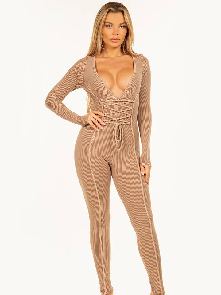 Vita anteriore a maniche lunghe con scollo a V profondo lavato minerale GD2551LS per la vendita all'ingrosso da parte di Jour