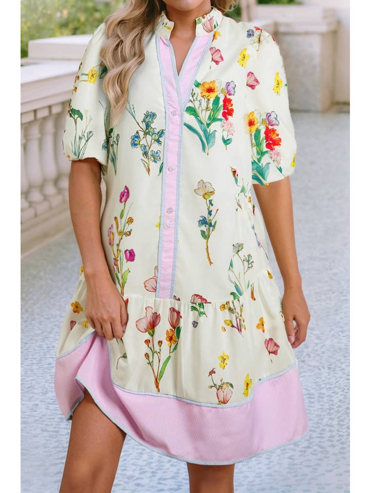 White LDC Striped and Floral Print Frill Neck Mini Dress for wholesale on Faire